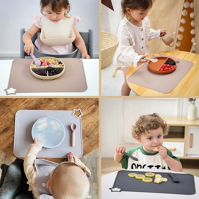 Moonkie Silicone Placemats for Baby & Kid, Stain-Proof Non-Slip Toddler Food Mats Eating Table Mat with 2 Packs