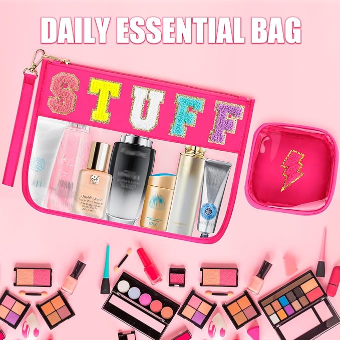 BuyCard 2 Pcs Stuff Bag Cosmetic Makeup Bag with Chenille Letter Patch, Clear Pouch PVC Organizer Purse, Waterproof Travel Bag, Portable Toiletry Storage Bag for Her Girls Friends Women