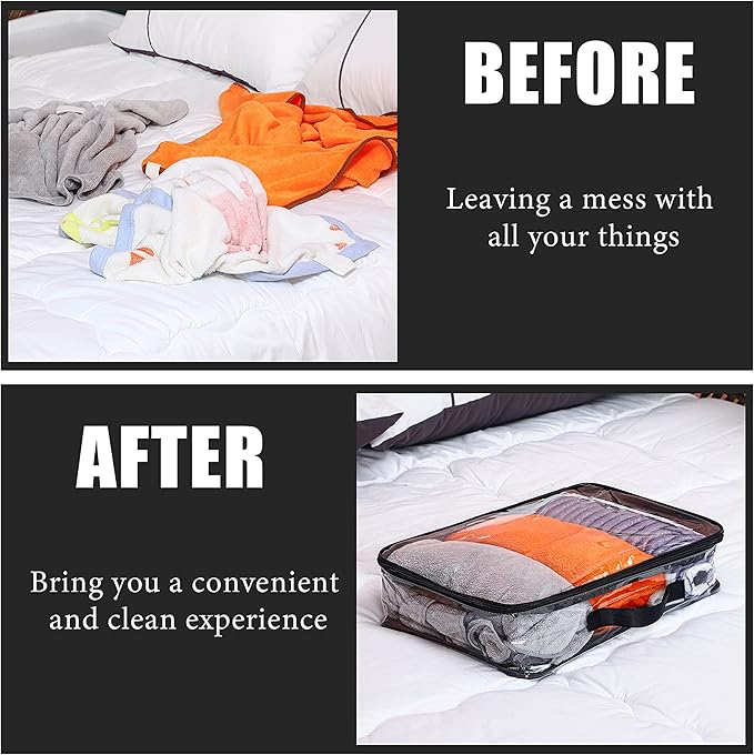 6 Pieces Large Clear Travel Packing Cube Clear Vinyl Zippered Storage Bags See Through Moving Bag PVC Multipurpose Pouch with Handle for Suitcase Shirts Dress Storage (Black, 11.8 x 10.2 x 3.9 Inch)