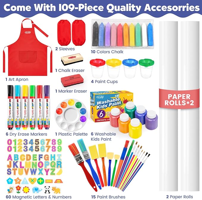 Art Easel for Kids Easel, Adjustable Wooden Kids Drawing Easel with Magnetic Whiteboard & Chalkboard, Kids Dry Erase Board,Easel for Kids Ages 3 4-8 9-12, Red w/Bag