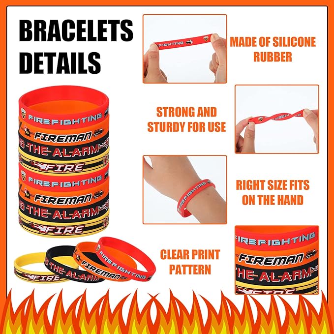 Leitee 60Pcs Firefighter Party Favors Fire Truck Birthday Party Supplies Decorations Including Fire Truck Toy Kids Boys Helmets Tattoo Wristband Drawstring Bag Silicone Bracelet for Fireman Party Gift