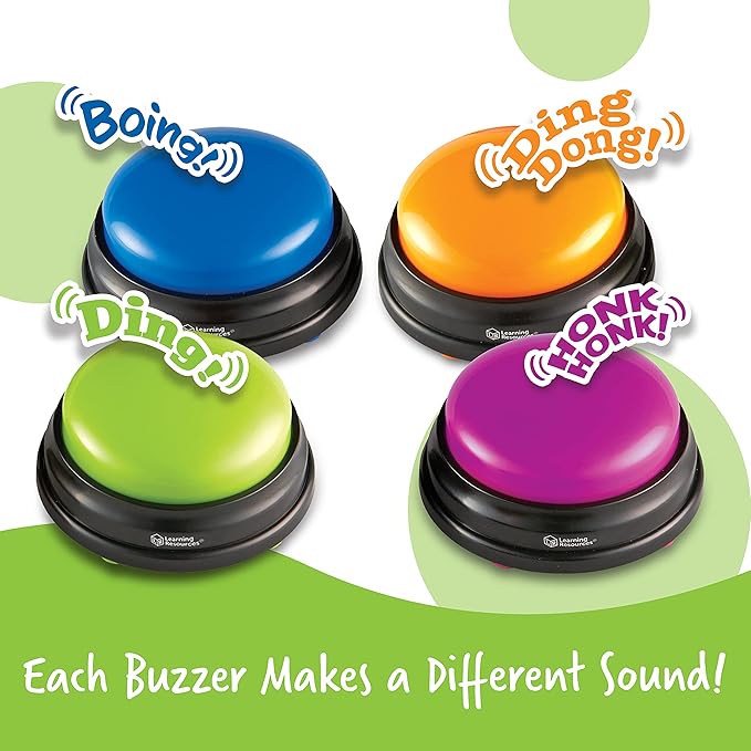 Learning Resources Answer Buzzers - Set of 4, Ages 3+, Assorted Colored Buzzers, Game Show Buzzers, Perfect for Family Game and Trivia Nights, for Kids