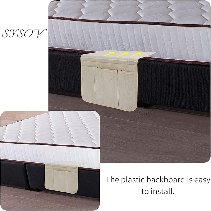 Bedside Caddy Bedside Storage Organizer Magazine Phone Tablet iPad Remote Holder, Organizer Caddy for Home College Dorm Bed, Sofa, Bunk Bed (Pale Khaki)