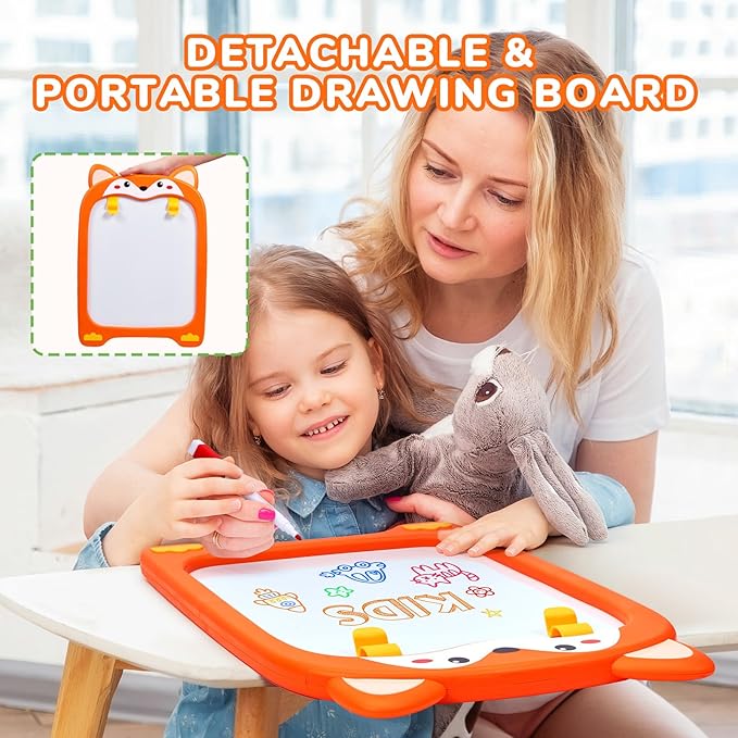 Adjustable Standing Toddler Art Easel with educatinal Accessories for Kid,4-in-1 Double-Sided Magnetic Chalkboard&Whiteboard,Dry Eraser Board,Detachable&Portable,Ideal Birthday Gift for 2-4,FOX