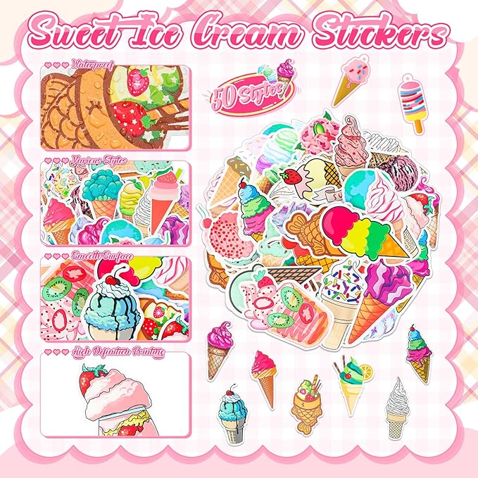 196 Pcs Ice Cream Party Favors Ice Cream Cone Stickers Cute Ice Cream Keychains Ice Cream Slap Bracelet for Ice Cream Theme Birthday Party Sweet Summer Baby Shower Classroom Rewards