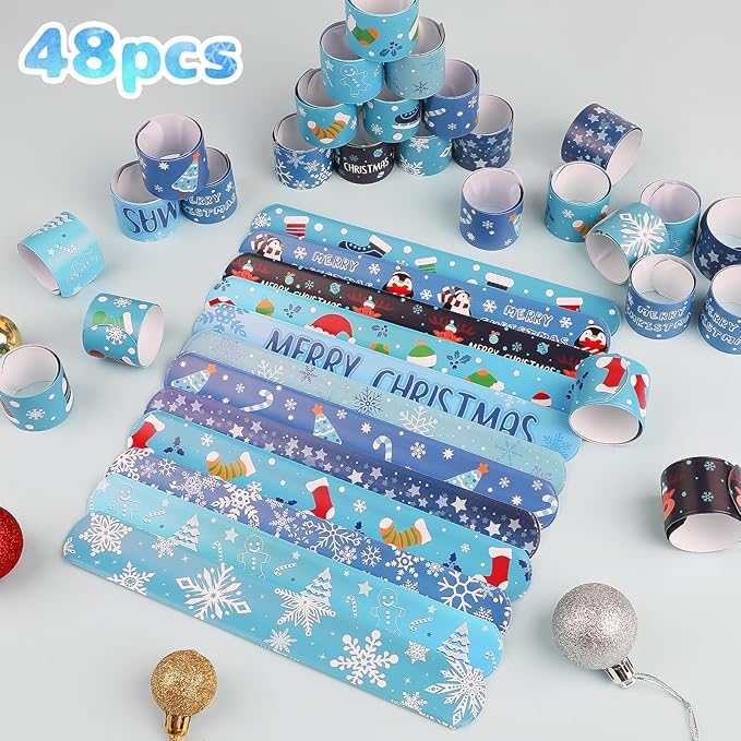 CCINEE 48Pcs Christmas Slap Bracelets，Xmas Snowflake Slap Wristbands Assorted Christmas Theme Pattern Snap Wristbands for Kids Christmas Frozen Party Favors Gift Bag Filler