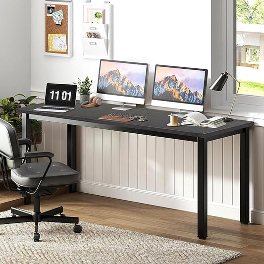 55 inch Large Computer Desk Wood, Modern Simple Style Desk for Home Office, Bedroom, Study Student Writing Desk, Small Spaces, Black Metal Frame, Dark Walnut Top