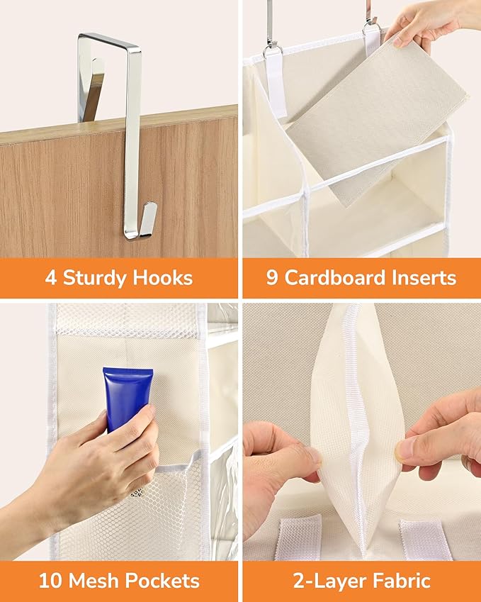 ULG Over the Door Organizer, 5-Tier Extra Large Hanging Storage with 10 Mesh Pockets, 100 lbs Capacity, Heavy Duty Door Organizer for Closet, Bedroom, Nursery Storage, Beige