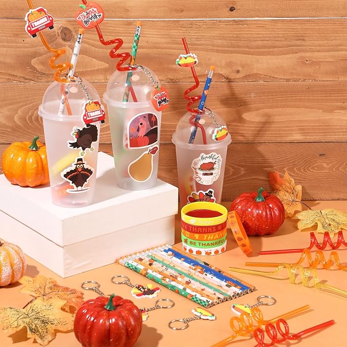 24 Set Fall Pumpkin Party Favor Thanksgiving Party Supplies Maple Turkey Keychain Pencil Straw Sticker Silicone Bracelet for Thanksgiving Goodie Bag Fillers Classroom Gifts