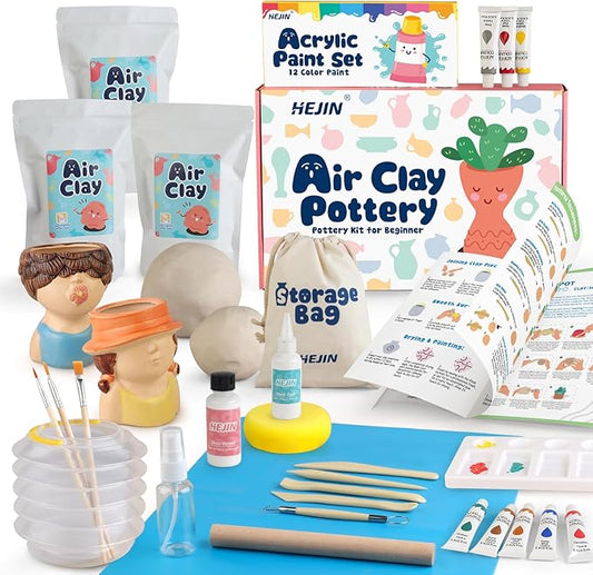 HEJIN Air Dry Clay Kit for Adults, 3.3Lbs Pottery Craft Kit for Beginners, Sculpting Tools Set & Step-by-Step Guide, 12 Paints, Paintbrush, Varnish, Sponge - Crafts for Adults for Birthdays Gift