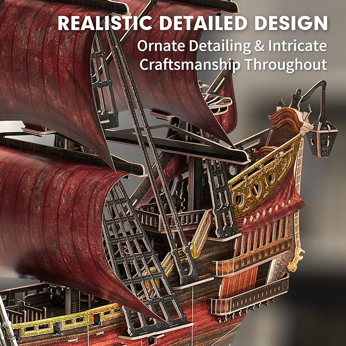 CubicFun 3D Puzzles for Adults Kids, Red Queen Anne's Revenge 391 Pcs, Home Decor Cool Pirate Ship Arts & Crafts for Adults Puzzles Model Kits, Birthday Gifts for Women Men Puzzles for Adults