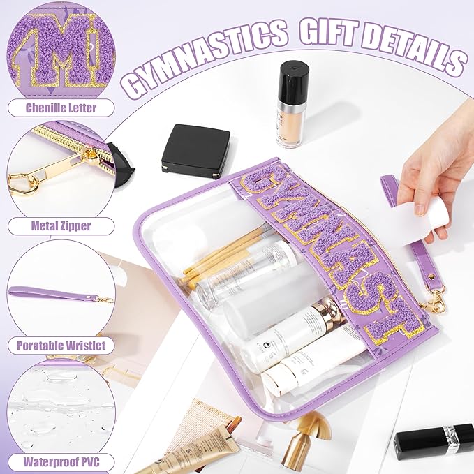 BuyCard Gymnastics Gifts Cosmetic Makeup Bag with Chenille Letter Patch, Clear Pouch PVC Organizer Purse, Waterproof Travel Bag, Portable Toiletry Storage Bag for Her Girls Friends Women