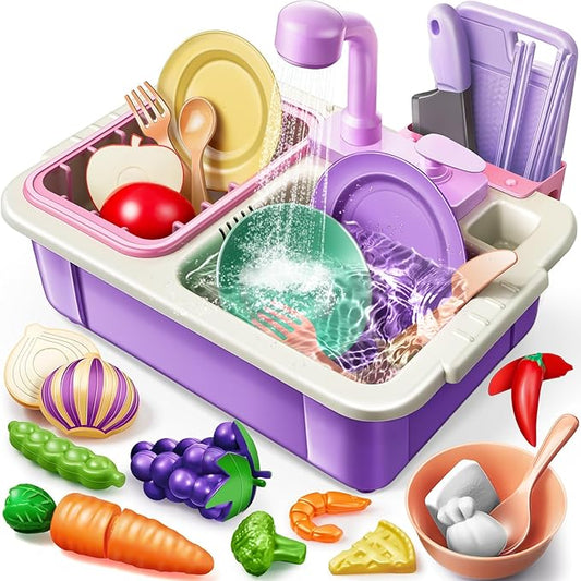 Geyiie Kitchen Sink Toy for Toddlers, Play Sink with Running Water, Upgraded Real Faucet, Dish Rack & Play Cutting Food, Kids Kitchen Sink Toy Gifts for 3 4 5 6 7 Years Old