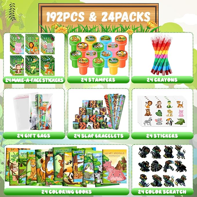 BenLouis 192Pcs Jungle Safari Party Favors Zoo Animals Coloring Books Crayons Sticker Stampers Slap Bracelets Set Bulk Classroom Prizes for Kids Wild One Party Baby Shower Goodie Bags Fillers
