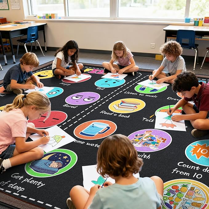 Large Classroom Rug Elementary 8x10ft for Playroom, Educational Smiley Face Kids Play Mat, Calming Corner Sensory Emotion Feelings Rug for Kidroom Nursery Bedroom, Non-Slip Washable(Black)