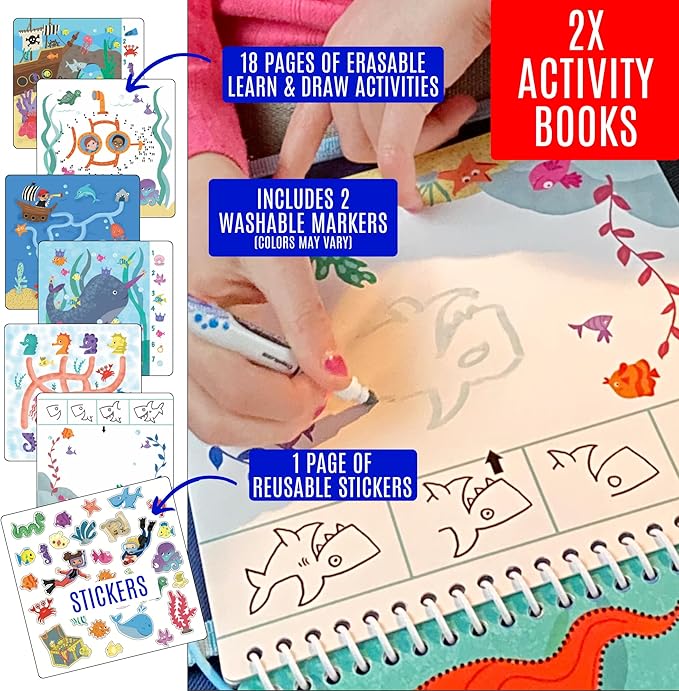 Kids Travel Educational Activity Books with Washable Markers - Car and Airplane Activities, Learning Toys for Toddlers- Search and Find, Reusable Stickers for Ages 4, 5, 6 (Ocean & Princess)