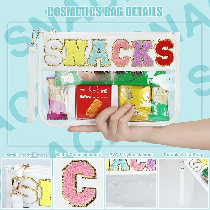 BuyCard Clear Snack Bag for Travel, Varsity Chenille Letter Patch Flat Pouch with Zipper, Preppy Makeup Bags, Waterproof PVC&PU Cosmetic Toiletry Bag for Women Girls, White
