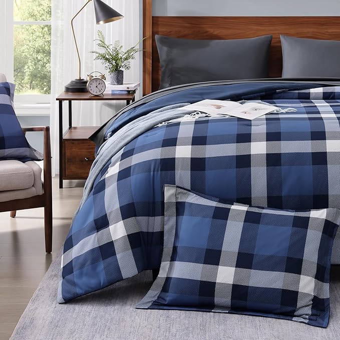 MaiRêve Twin XL Plaid Comforter Set Indigo Blue, Classic Checkered 5 Pieces Bedding Set for Boys Girls Teen, All Season Lightweight Bed in A Bag with Sheets, Pillowcases & Shams