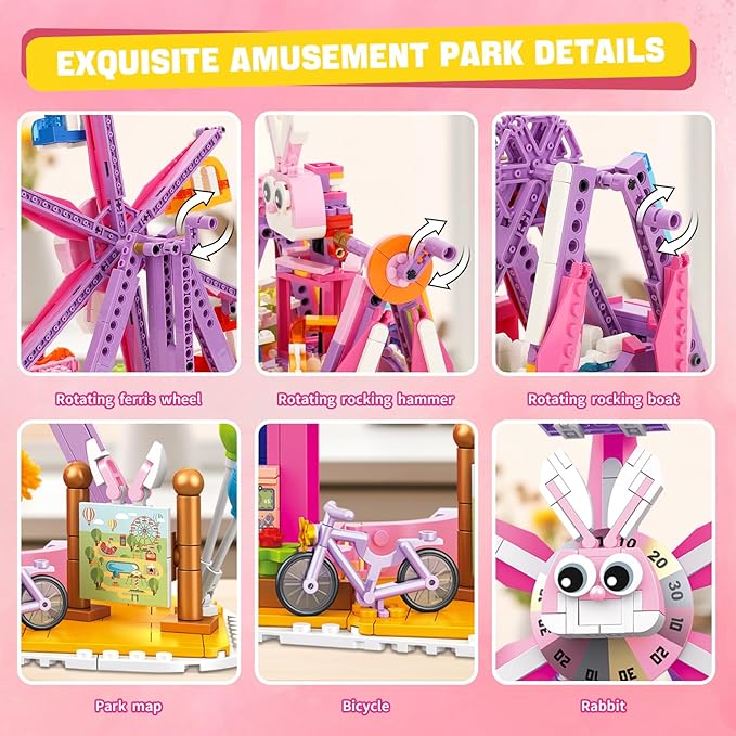 3 in 1 Easter Bunny Amusement Park Building Set, 823 PCS Rebuildable Ferris Wheel Rocking Hammer & Boat, Compatible with Lego Friends, Ideas Birthday Gift Toy for Kids Girls Age 6-12