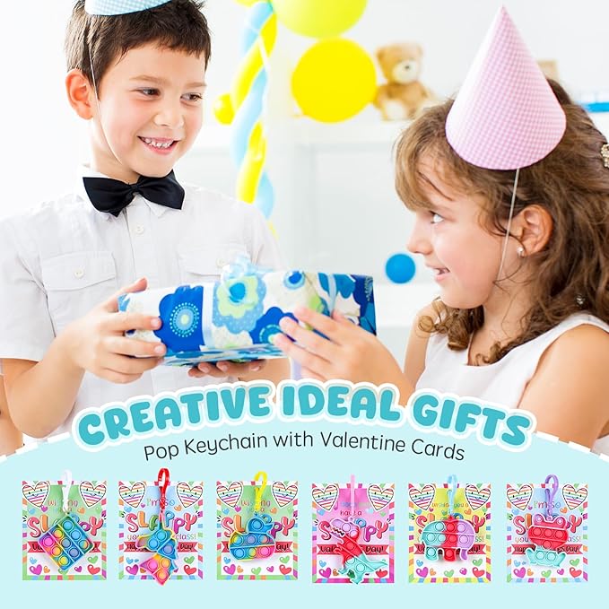 24 Packs Valentines Day Gifts for Kids,Valentines Pop Fidget Toys Bulk with Keychain for Kids School Class Classroom Valentines Day Cards Gifts Prizes Party Favors