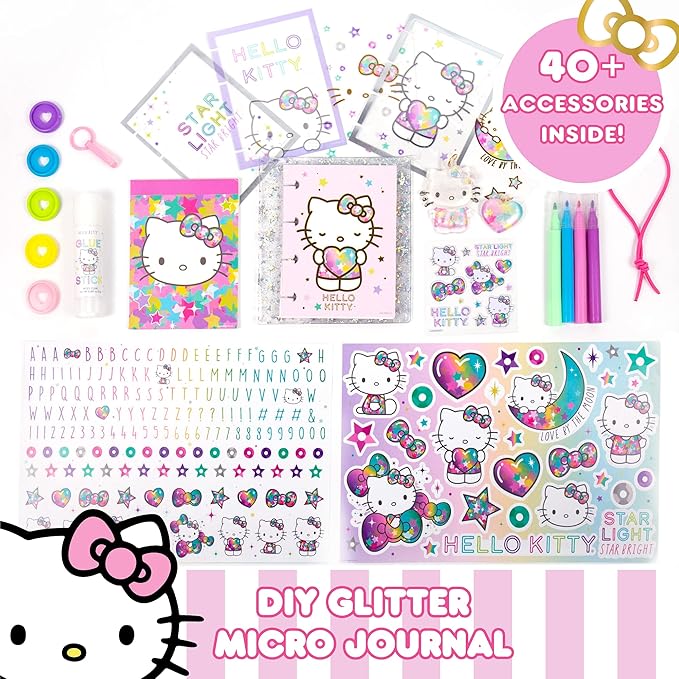 Horizon Group USA Hello Kitty DIY Glitter Micro Journal, 40+ Stationery Accessories Including Hello Kitty Stickers, Surprise Keychain, Interchangeable Binder Discs, Squishy Glitter Cover & More