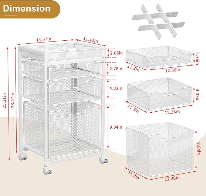 Rolling File Cart with 3 Storage Drawers, Under Desk Filing Cabinet with DIY Divider, Hanging File Folder Organizer on Wheels, Fits A4/Letter Size, Metal Utility Cart for Home Office, White