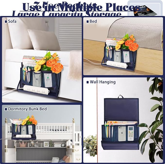 Bedside Storage Organizer with Power Strip Holder and Adjustable Straps Bed Hanging Bag for Home Bunk Bed Dorm Sofa (Navy Blue)
