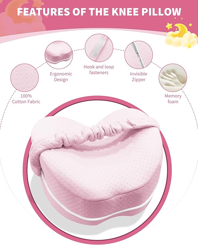 SPRING SEAON Knee Support Pillow for Side Sleepers – Deep Contour Memory Foam Leg Pillow with Adjustable Strap for Sciatica, Hip, Back & Knee Pain Relief – Breathable, Washable Cover, Pink
