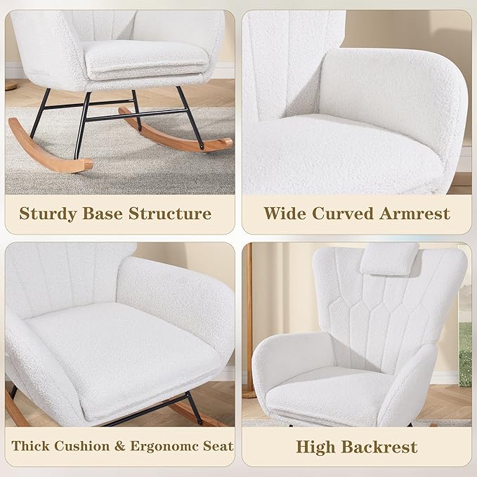 VECELO Rocking Chair Nursery with Thick Headrest, Modern Teddy Upholstered Reading Glider Rocker Accent Armchair with High Backrest, Padded Seat, Side Pocket, for LivingRoom, Bedroom, Baby Room, White