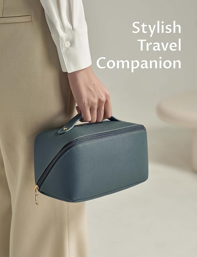 Yarnic Green Travel Makeup Bag Pouch Cosmetic Bag, Large Capacity Toiletry Bag for Women, Portable Pouch Cute Make Up Organizer with Divider and Handle, PU Leather (Gray Green)