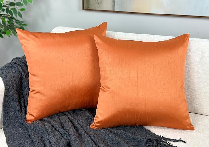 Aiking Home 18x18 Inches Faux Silk Square Throw Pillow Cover, Zipper Closure, Orange (Set of 2)
