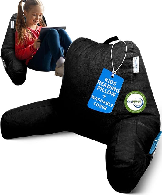 ComfortSpa Reading Pillow for Kids Teens Adult, Back Rest Pillow with Arms, Pockets, Washable Cover; Use as a Back Pillow for Bed Sitting Up for Bedrest or Relief from GERD Heartburn (Standard Black)