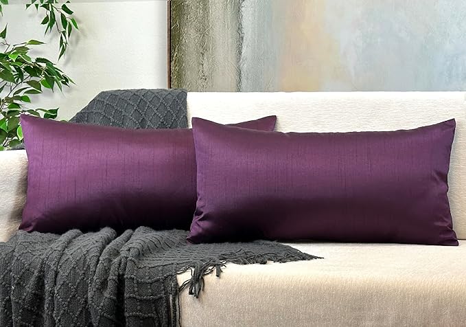 Aiking Home 12x24 Inches Faux Silk Rectangular Throw Pillow Cover, Zipper Closure, Eggplant (Set of 2)