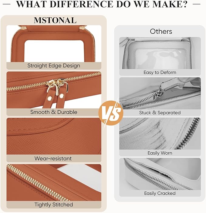 MSTONAL Clear Makeup Bag, Travel Toiletry Bag Cosmetic Case for Women, Waterproof Portable Make Up Skincare Pouch with Zipper, Compact Car Organizer Bag for Essentials, Medium Size, Brown