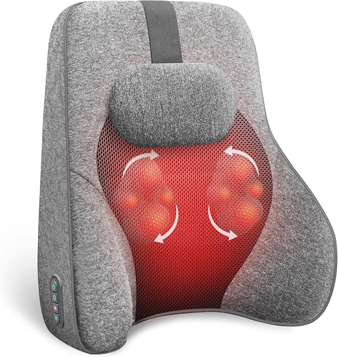 COMFIER Back Lumbar Support Pillow for Office,Car,Heated Back Support with 4 Shiatsu Massage Heads & Heating Function, Memory Foam Lumbar Pillow for Computer Gaming Chair-Gray