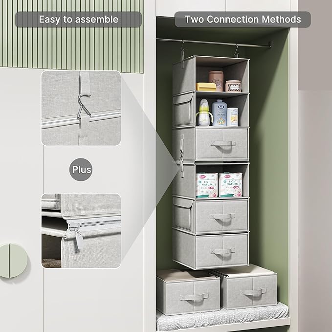 Vailando 6-Shelf Hanging Closet Organizer with 3 Drawers, 2 Separable 3-Shelf Closet Organizers and Storage for Wardrobe Organization, Hanging Dresser for Nursury & Dorm Clothes Organizer