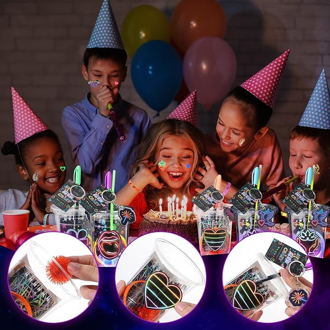 191 Pcs Glow in the Dark Party Supplies for Kids Adults Include Pet Cup Glow Stick Ring Notebook Highlighter Bracelet Sticker Keychain for DIY Birthday Neon Disco Party Decorations