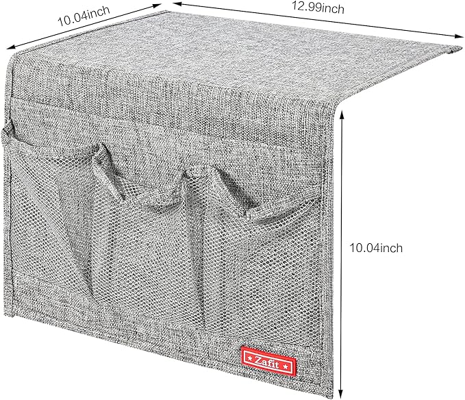 Zafit Linen 4 Pockets Bedside Caddy, Bedside Storage Organizer for Magazine, Remotes, Phone (Classic Grey)