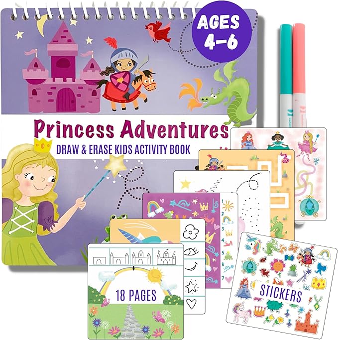 Kids Travel Educational Activity Book with Washable Markers - Car and Airplane Activities, Learning Toys for Toddlers- Search and Find, Reusable Stickers for Ages 4, 5, 6 (Princess)