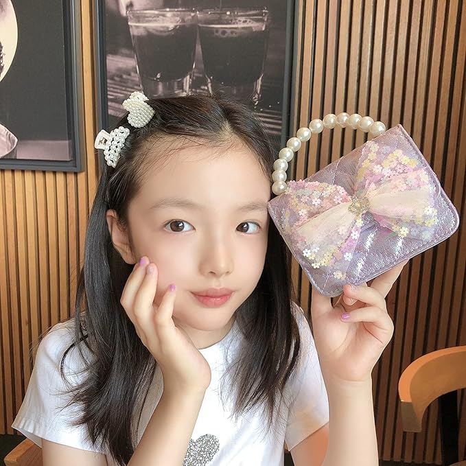 Girl Handbag Purse for Little Girls Kids Pretend Play Dress Up Necklace Hair Accessories Jewelry Set, Light Purple