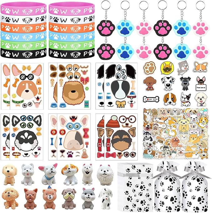 122Pcs Dog Party Favors Gift Set for Kids Dog Birthday Party Supplies Include 12 Dog DIY Face Stickers 12 Dog Bags 12 Keychains 12 Bracelets 50 Stickers for Puppy Party Favors