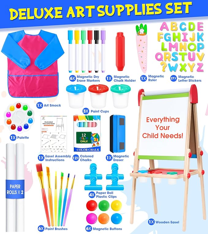 Art Easel for Kids, 3 in 1 Adjustable Double Sided Kids Easel with Magnetic Whiteboard, Chalkboard, 2 Paper Rolls and Accessories, All in One Wooden Toddler Easel, Art Easel for Kids Ages 2-4 4-8 8-12