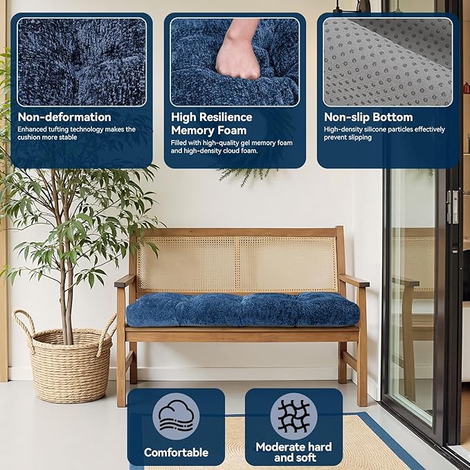 Bench Cushion 36 Inch - Luxury Chenille, High-Density Memory Foam, Non-Slip Bottom, Soft Durable Indoor Tufted Long Seat Cushion for Window Garden Furniture (Gray, 48x16x4 Inch)