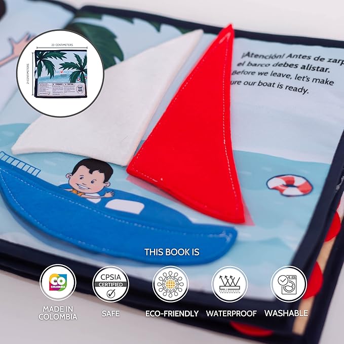 Bilingual Quiet Book for 18 months Babies Boys and Girls | Written in English and Spanish | 1 Plush Toy Included | Sensorial Felt Book for Babies | Carry on Travel Toy | Preschool and Early Learning.