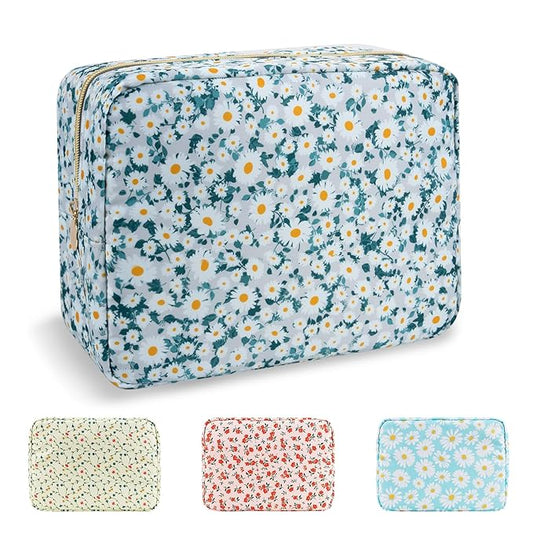 UIXIZQ Waterproof Large Floral Makeup Pouch,Nylon Travel Toiletry Storage Purse Preppy Cosmetic Bag for Women Girl,Large Capacity Makeup Organizer Zipper Pouch for Work(L Green-Daisy)