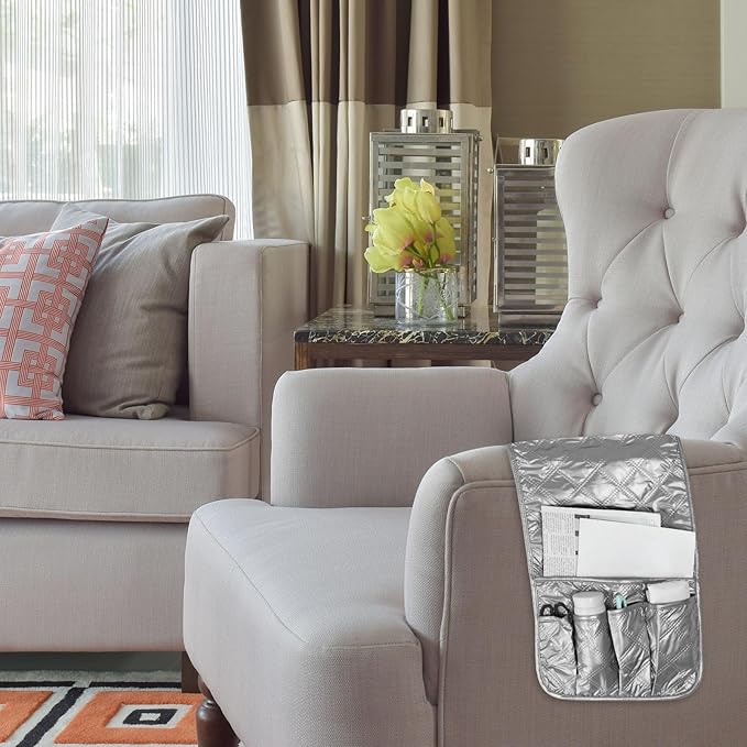 uxcell 1 Pcs Recliner Armchair Caddy, Couch Armrest Organizer with 5 Pockets for Bedside Sofa Remote Control Holder Magazine Phone Book Glasses (Gray, 35"x13")