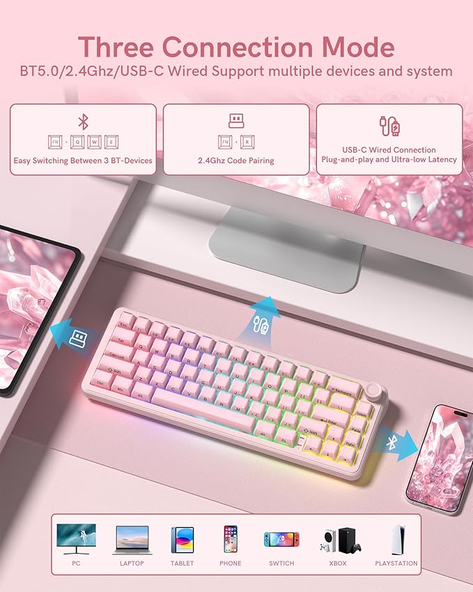 Keymatic 65% Layout Wireless Mechanical Keyboard,Cute Crystal Gaming Keyboard with Knob, Hot Swappable Pre-lubed Switches,Gasket Mounted RGB for Win/Mac,Pink
