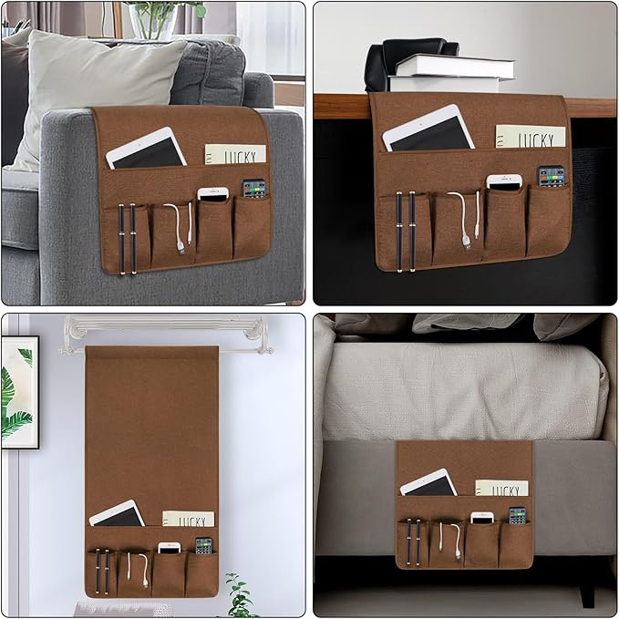 NB Sofa Armrest Organize remote holder bedside caddy organizer with 5 pockets，non-slip couch remote control holder couch armchair caddy accessories (Brown, 35''x18'')
