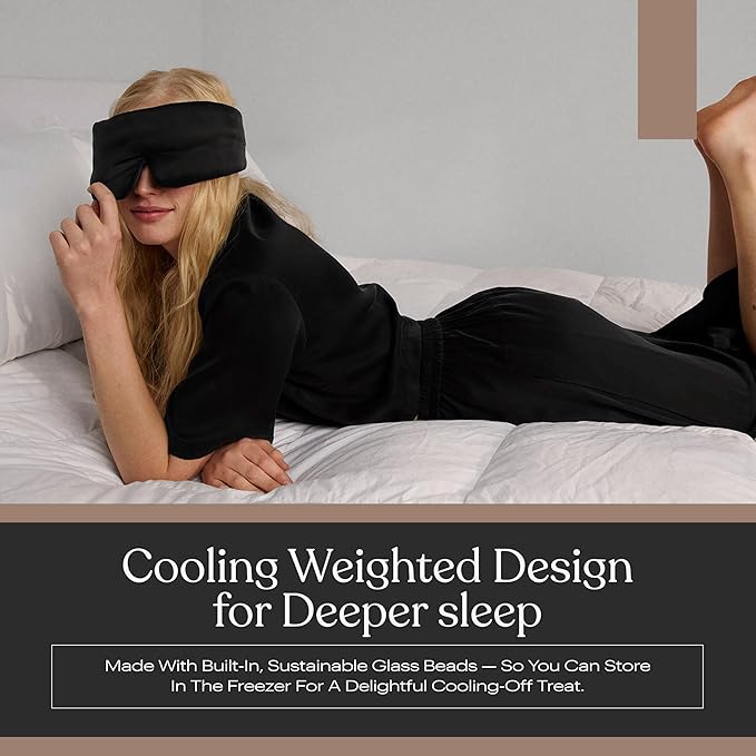 Lunya Weighted Silk Sleep Mask – Mulberry Silk Eye Cover with Cooling Glass Beads, Noise-Reducing Fit, Washable Fabric, and Travel Pouch – Sleeping Mask for Men and Women - Black – Small