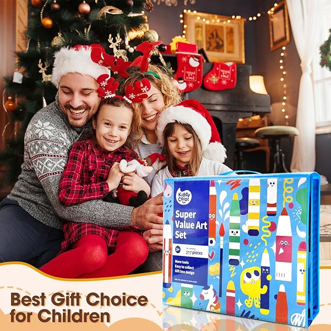 KIDDYCOLOR Kids Art Set, Drawing Art Supplies for Girls & Boys Ages 4-8 with Watercolor Cakes, Oil Pastels, Colored Pencils, Ideal Gift for Young Artist, Blue-217pcs